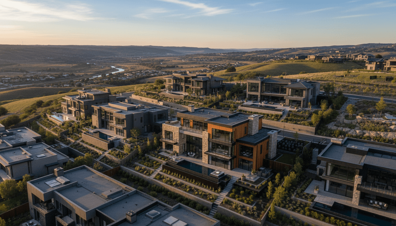 Aerial view of luxury hilltop development with ascending topography and premium land features