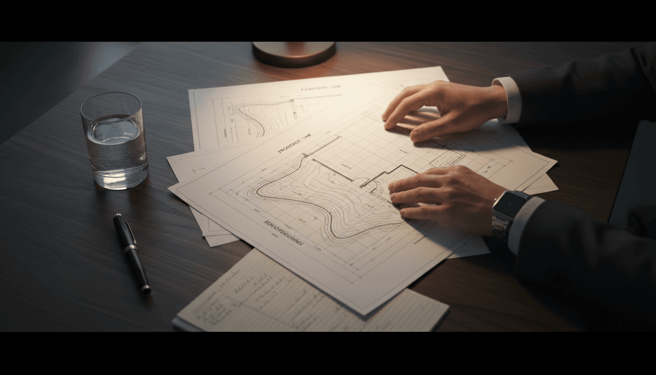 Close-up of investment documents and architectural plans on luxury desk