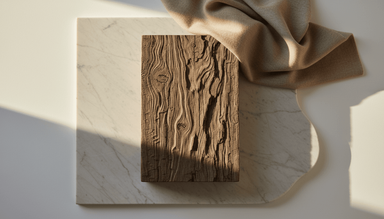 Detail of luxury architectural materials—wood, stone, and refined design elements