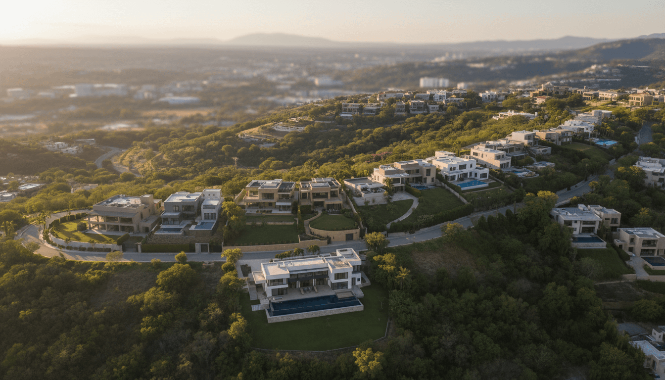 Aerial view of luxury hillside properties in San Salvador with ascending topography and commanding views