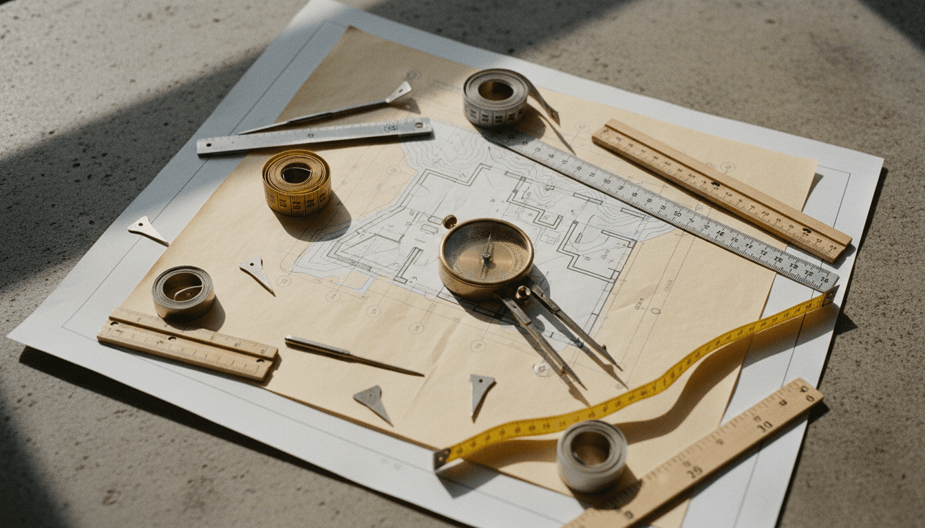 Professional property surveying and measurement tools on technical blueprints