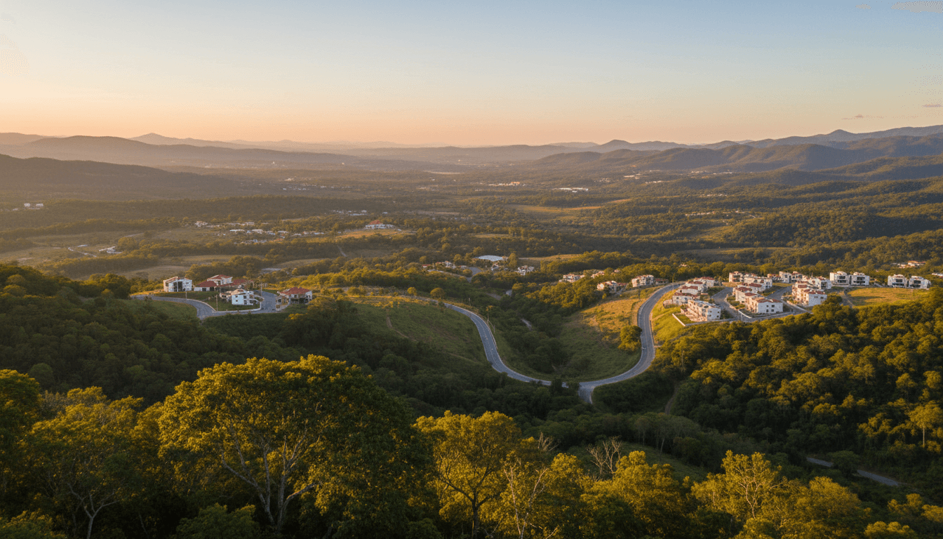 Elevated landscape view of El Salvador valley with strategic road positioning and mixed development