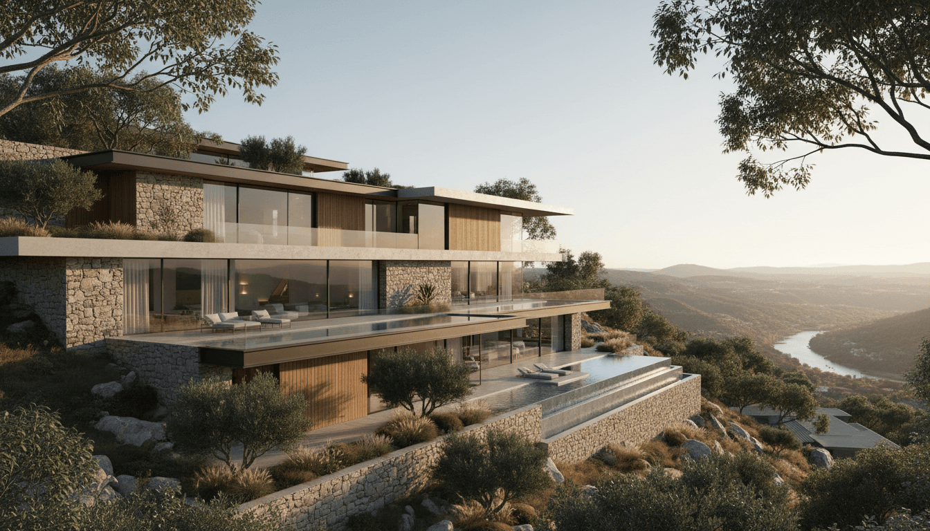 Modern luxury architectural rendering on ascending hillside with panoramic views
