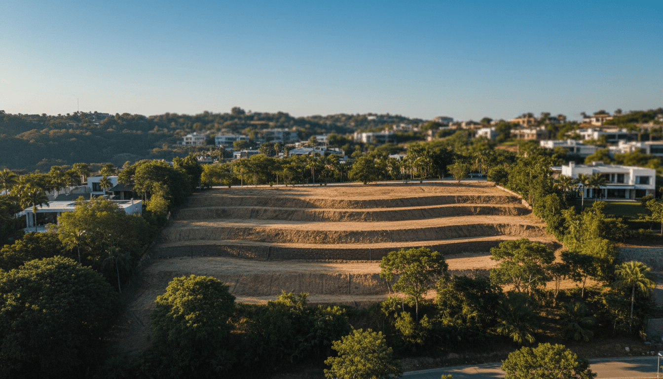 Aerial view of luxury land plot in Residencial Villabosque with ascending topography