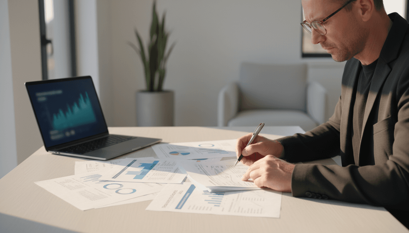 Investor reviewing property analysis documents and investment comparison data
