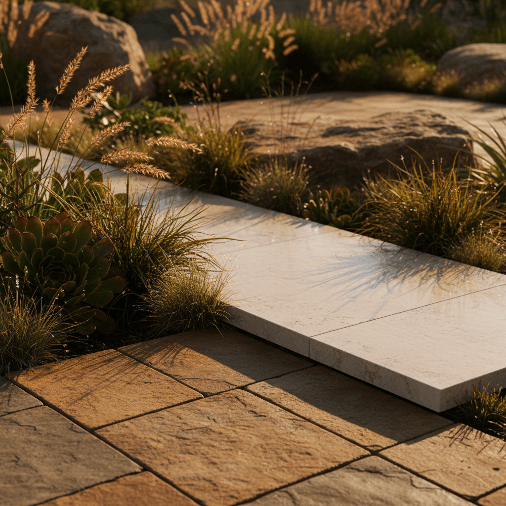 Detail of premium stonework and landscaping on the plot