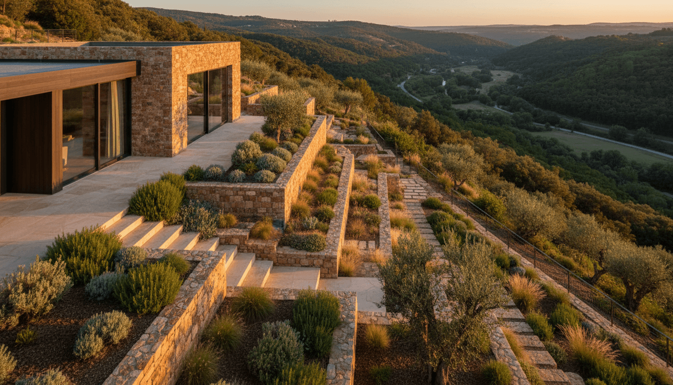 Luxury hillside property with ascending topography and scenic valley views at golden hour