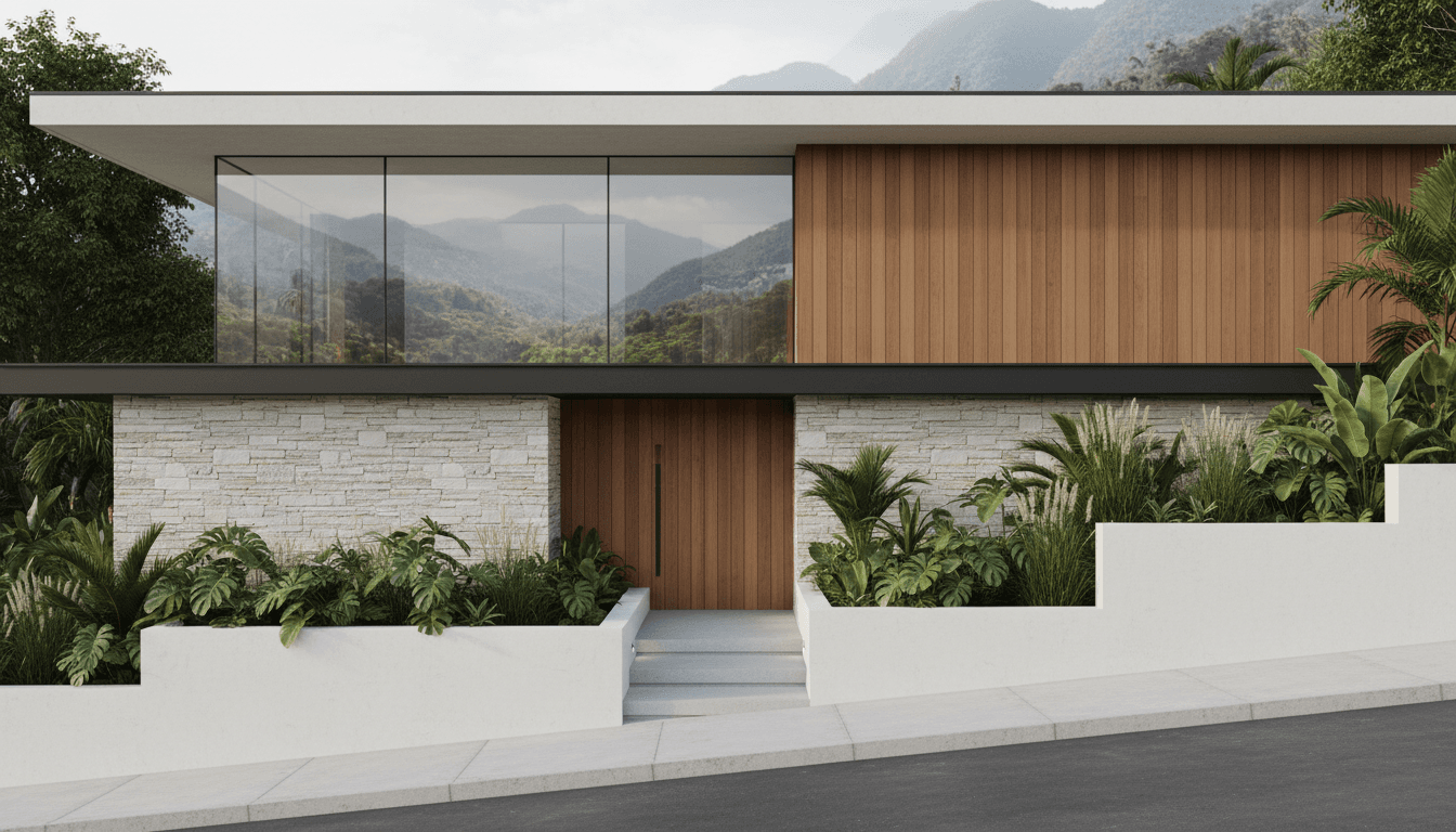 Modern architectural render of luxury residence on ascending terrain