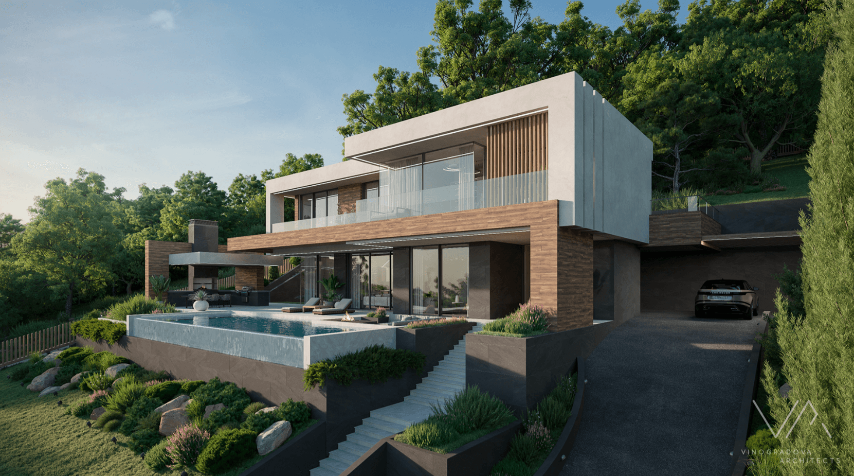 Modern luxury villa with infinity pool, wooden accents, and lush green hillside landscaping.