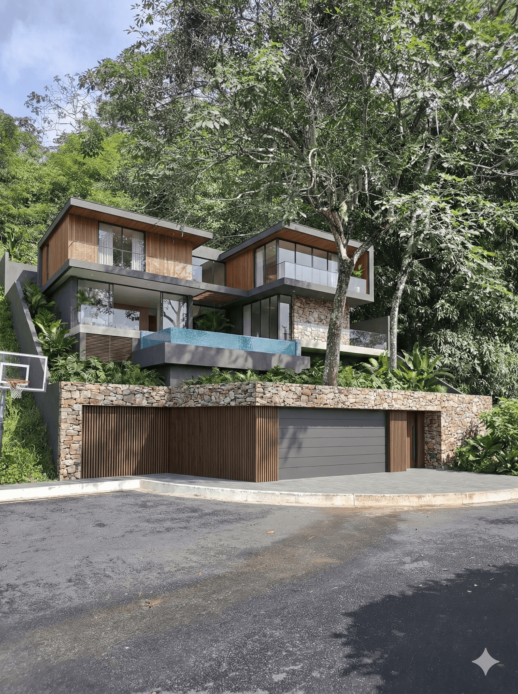 Modern multi-level house with wood siding and glass walls nestled in a lush green hillside.
