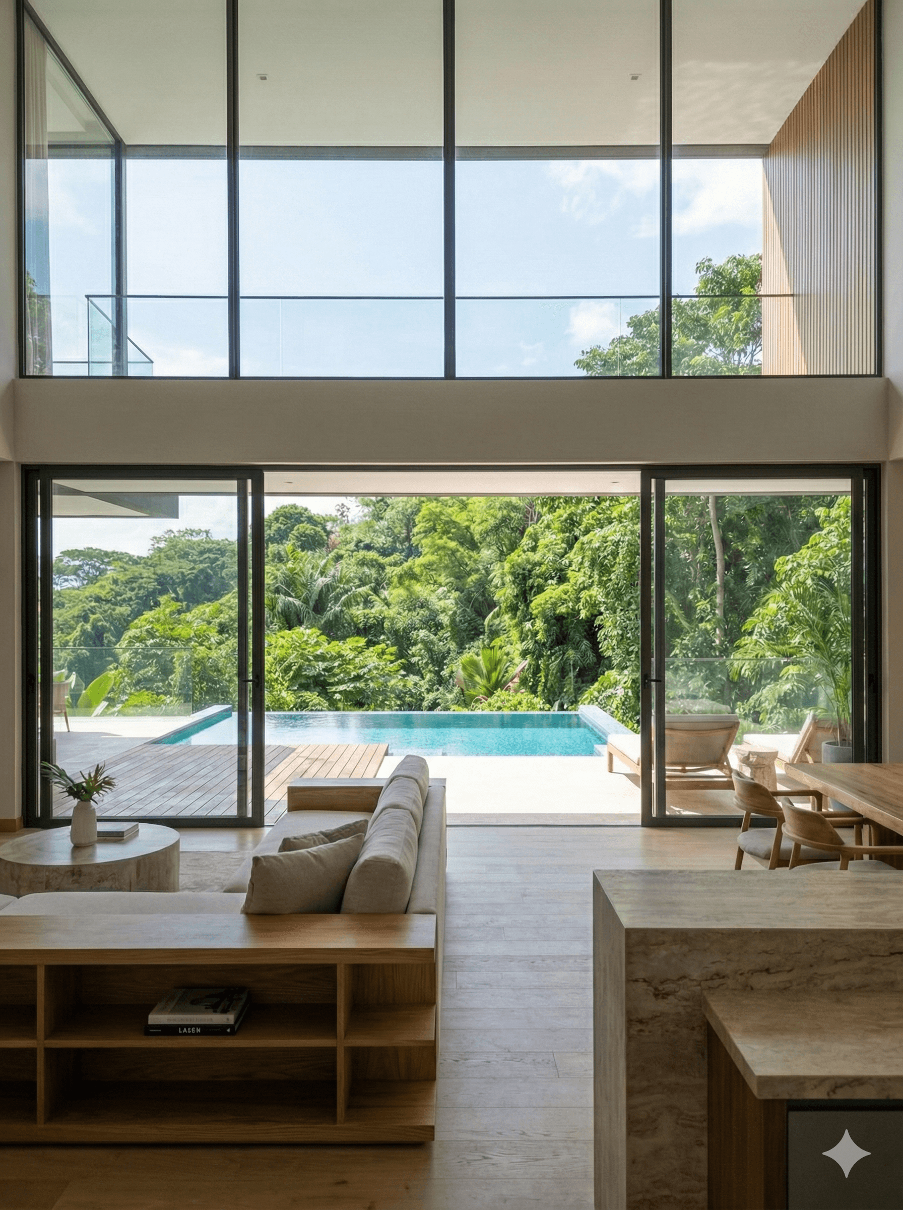 Modern living room with floor-to-ceiling windows overlooking a pool and lush tropical forest.