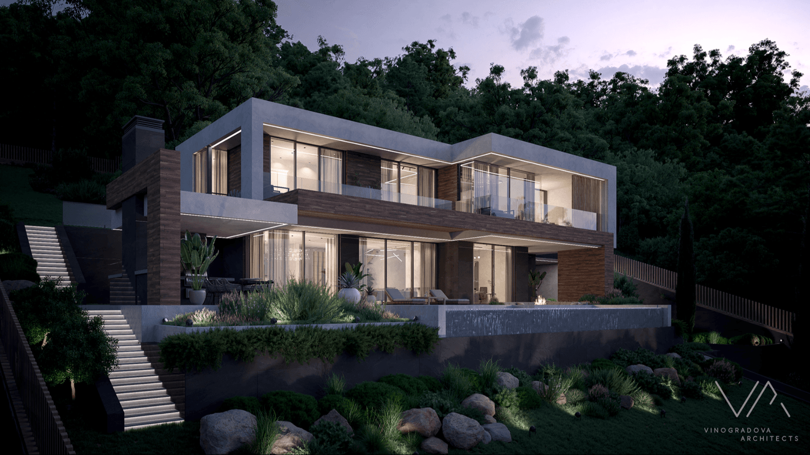 Modern luxury villa with glass walls and pool nestled in a forested hillside at dusk.